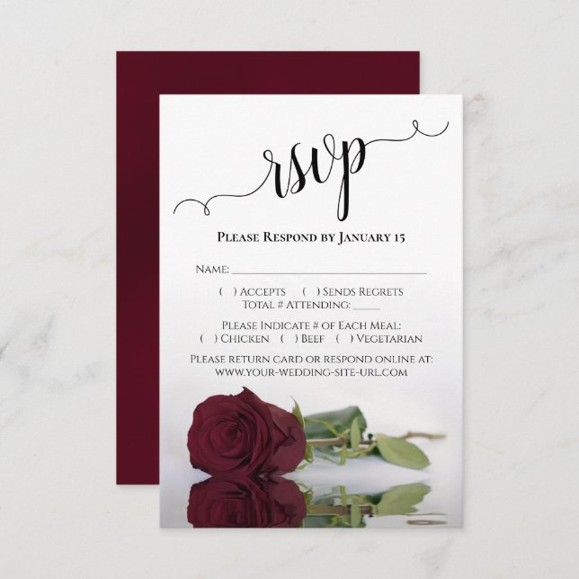 Beautiful Reflecting Burgundy Rose Wedding RSVP Card (Front/Back)