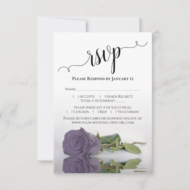 Beautiful Reflecting Dusty Purple Rose Wedding RSVP Card (Front)