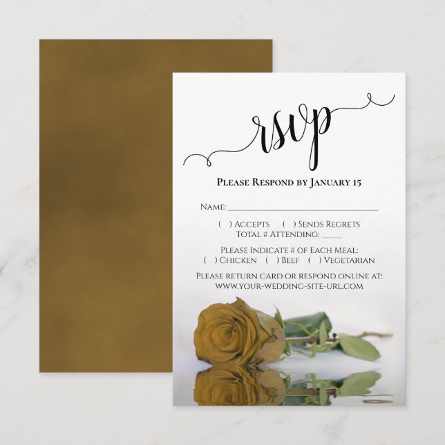 Beautiful Reflecting Golden Ochre Rose Wedding RSVP Card (Front/Back)