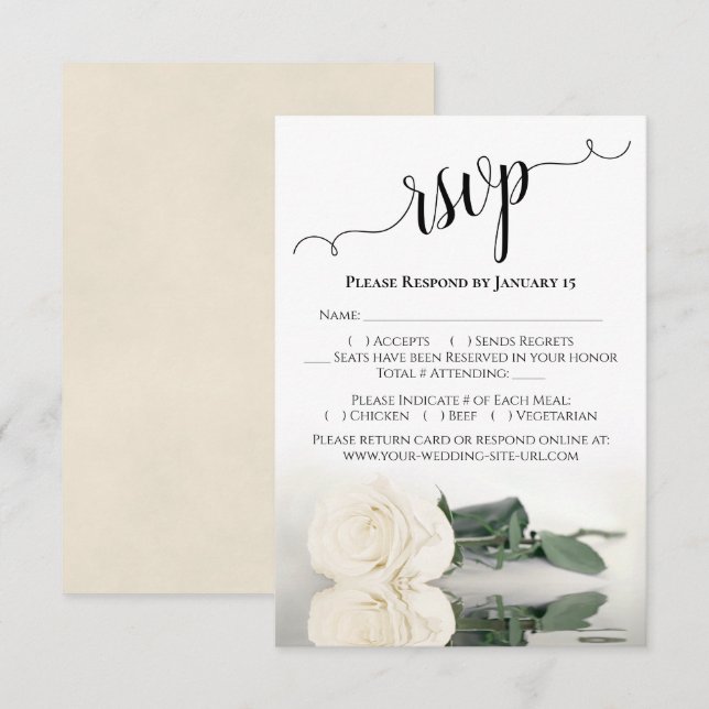 Beautiful Reflecting Ivory or White Rose Wedding RSVP Card (Front/Back)