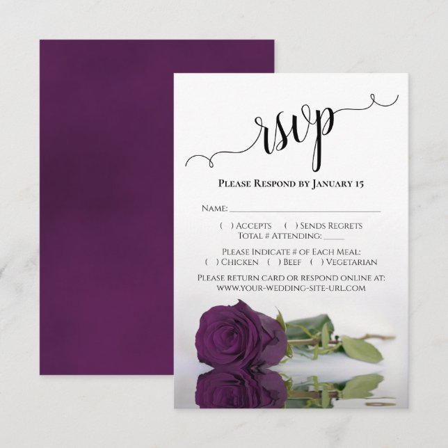 Beautiful Reflecting Plum Purple Rose Wedding RSVP Card (Front/Back)