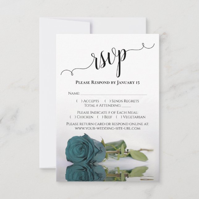 Beautiful Reflecting Teal Rose Elegant Wedding RSVP Card (Front)