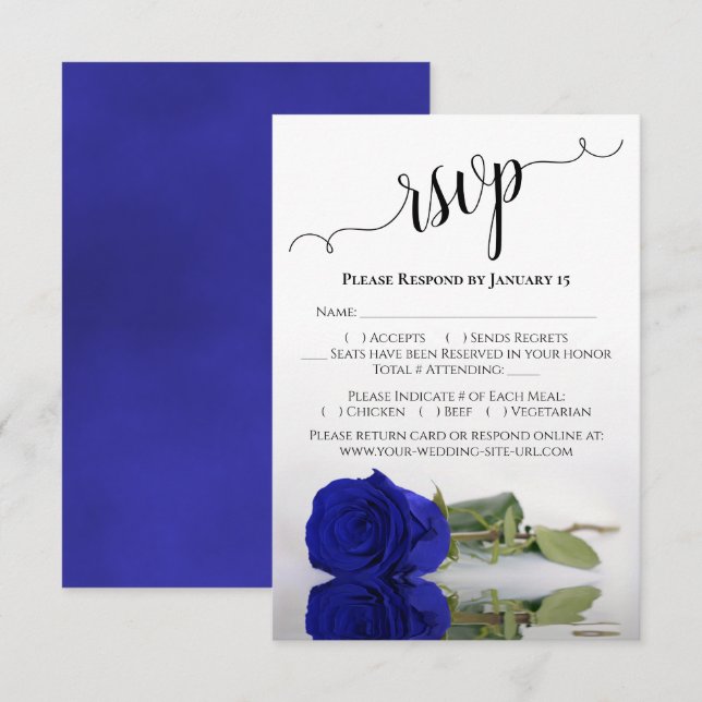 Beautiful Reflecting Vivid Royal Blue Rose Wedding RSVP Card (Front/Back)