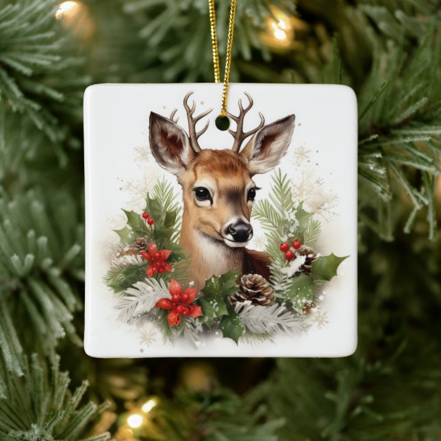 Beautiful Reindeer Christmas Holiday Ceramic Ornament (Tree)