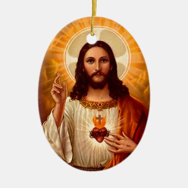 Beautiful religious Sacred Heart of Jesus image Ceramic Tree Decoration (Front)