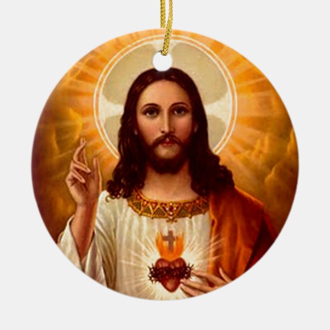 Beautiful religious Sacred Heart of Jesus image Ceramic Tree Decoration (Front)
