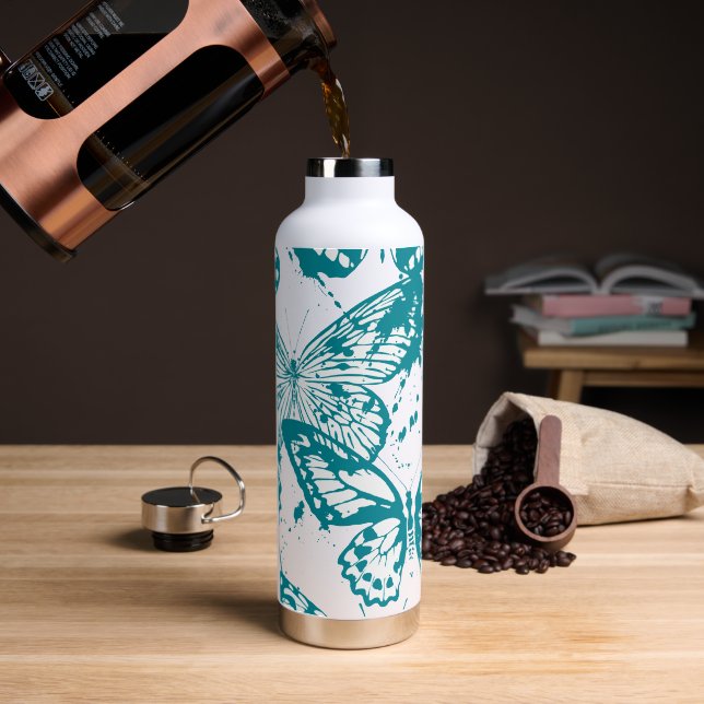 Beautiful render of blue outlined butterflies water bottle (Coffee)