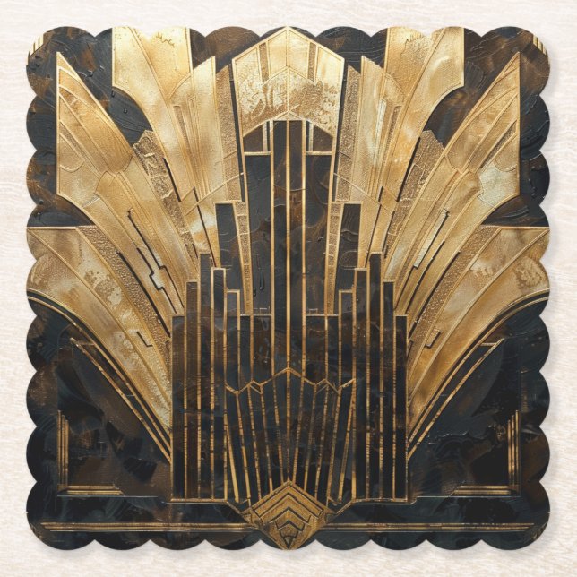 Beautiful Retro Art Deco Black Gold Elegant Paper Coaster (Front)
