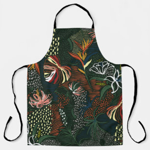 Beautiful retro hand drawn flower , tropical palm  apron