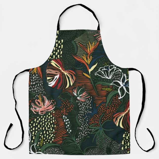 Beautiful retro hand drawn flower , tropical palm  apron (Front)