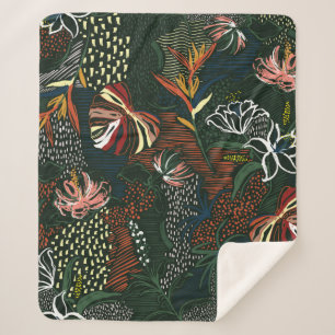 Beautiful retro hand drawn flower , tropical palm  sherpa blanket