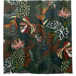 Beautiful retro hand drawn flower , tropical palm shower curtain