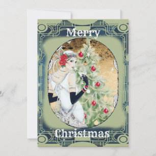 Beautiful Retro Lady and Christmas Tree Holiday Card