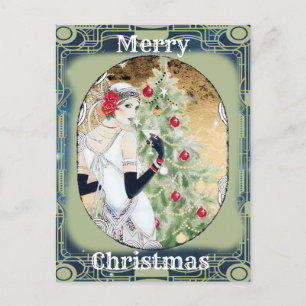 Beautiful Retro Lady and Christmas Tree  Holiday Postcard