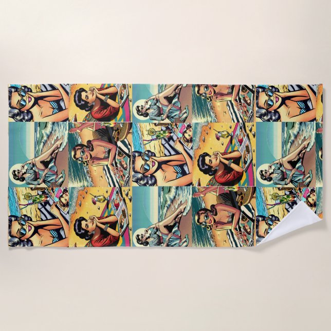 Beautiful Retro Lady at the Beach with Cocktail Beach Towel (Front)