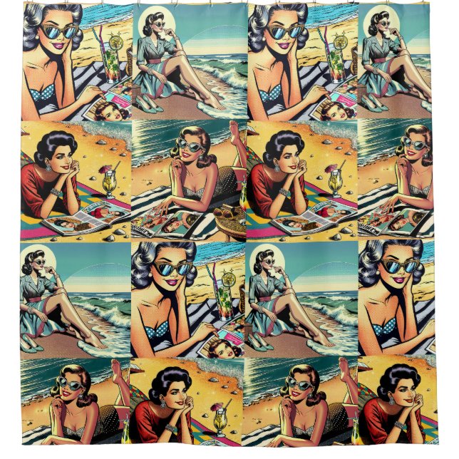 Beautiful Retro Lady at the Beach with Cocktail Shower Curtain (Front)