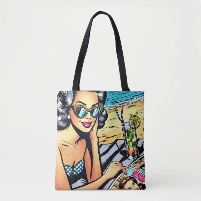 Beautiful Retro Lady at the Beach with Cocktail Tote Bag (Front)