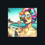 Beautiful Retro Pop Art Woman with Lollipop Canvas Print<br><div class="desc">Retro style woman in sunglasses with colourful hair and a lollipop with a beach background in psychedelic colours.</div>