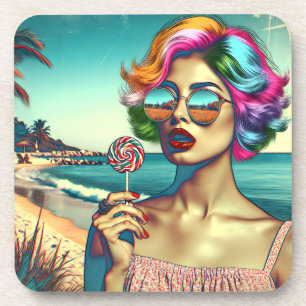 Beautiful Retro Pop Art Woman with Lollipop Coaster