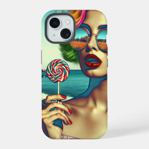 Beautiful Retro Pop Art Woman with Lollipop iPhone 15 Case