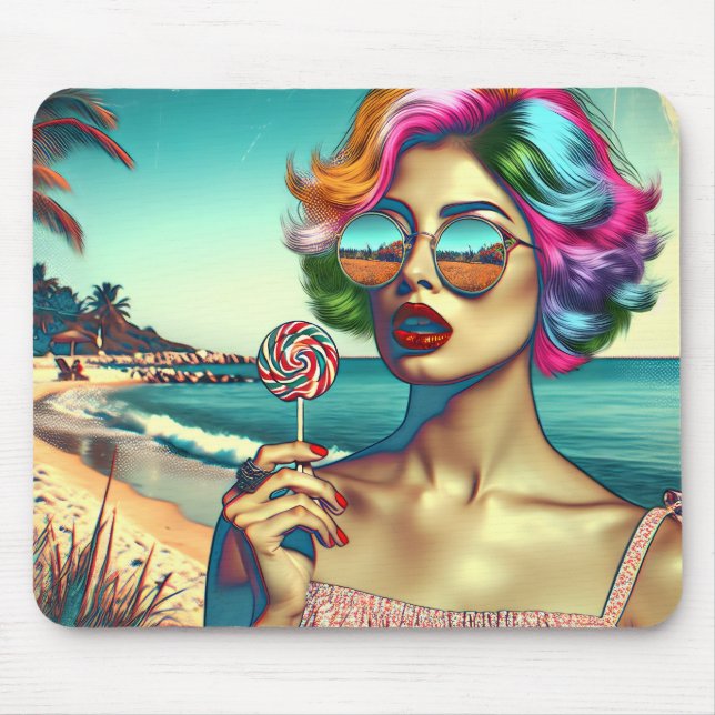 Beautiful Retro Pop Art Woman with Lollipop Mouse Mat (Front)