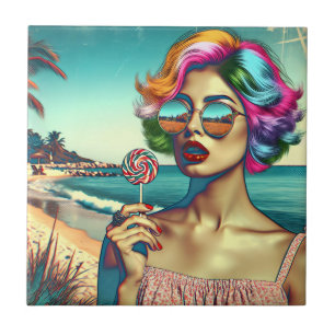 Beautiful Retro Pop Art Woman with Lollipop Tile