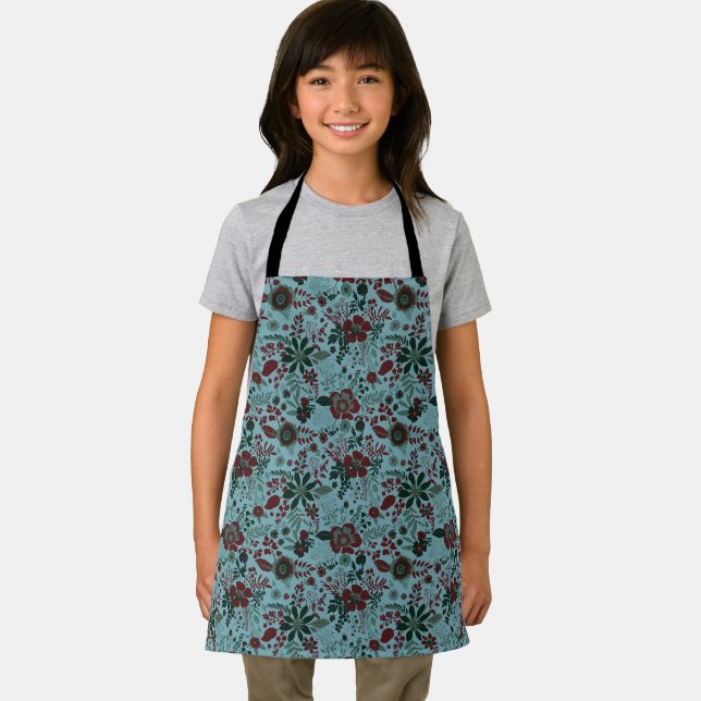 Beautiful retro style blue pastel floral pattern apron (Insitu)