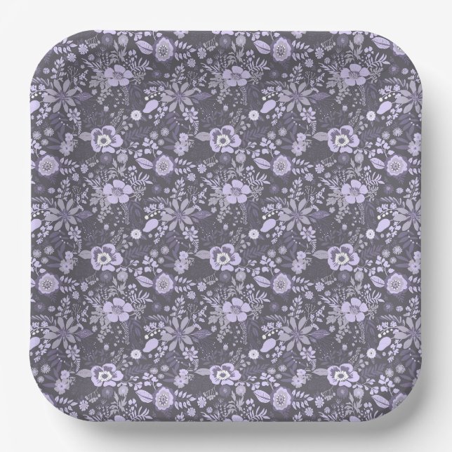Beautiful retro style blue pastel floral pattern paper plate (Front)
