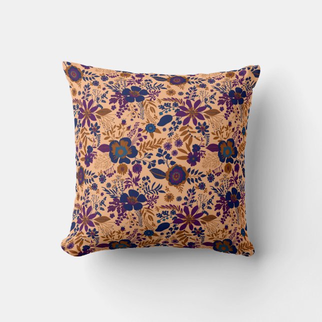 Beautiful retro style orange pastel floral pattern cushion (Front)