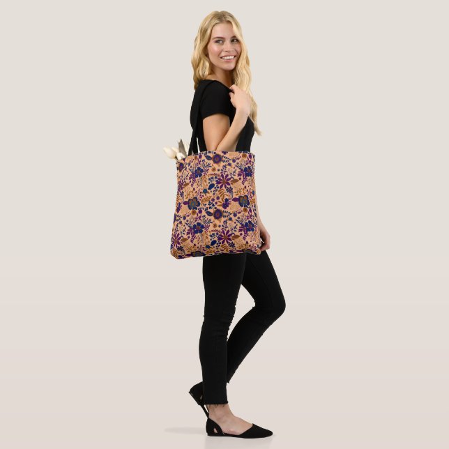 Beautiful retro style orange pastel floral pattern tote bag (On Model)