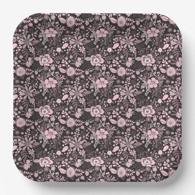 Beautiful retro style pink pastel floral pattern paper plate (Front)