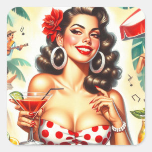 Beautiful Retro Woman Illustration Square Sticker