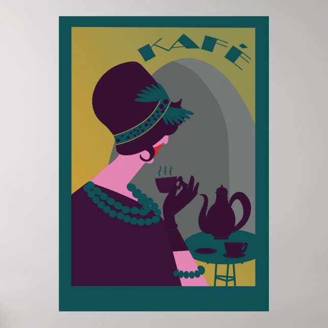 Beautiful retro woman in a café sipping coffee poster (Front)