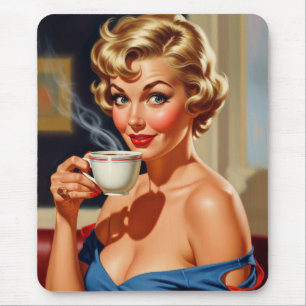 Beautiful Retro Woman with a cup of coffee Mouse Mat