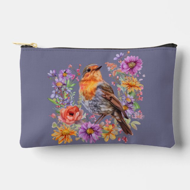 Beautiful Robin On a Branch of Flowers Accessory Pouch (Front)