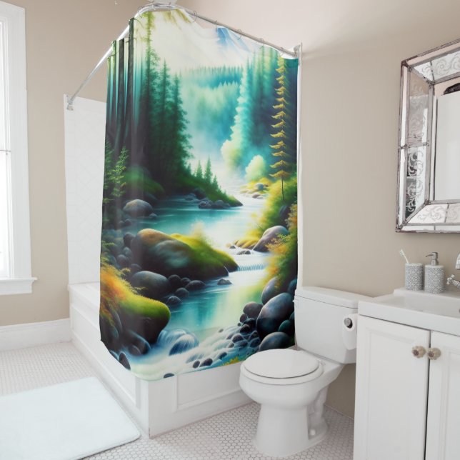 Beautiful Rocky River through Mountain Forest Shower Curtain (In Situ)