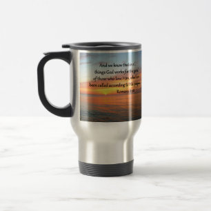 BEAUTIFUL ROMANS 8:28 SUNRISE PHOTO TRAVEL MUG