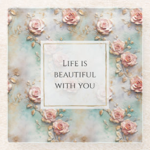 Beautiful Romantic Blush Pink Romantic Roses Glass Coaster