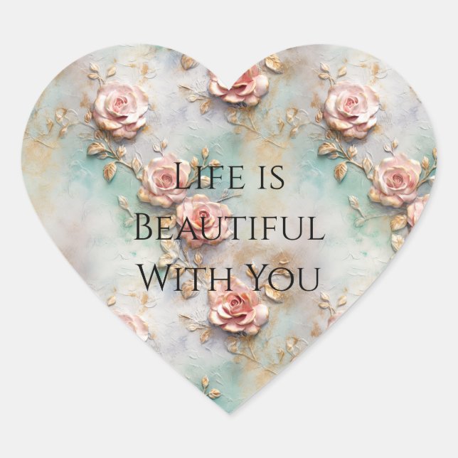 Beautiful Romantic Blush Pink Romantic Roses Heart Sticker (Front)