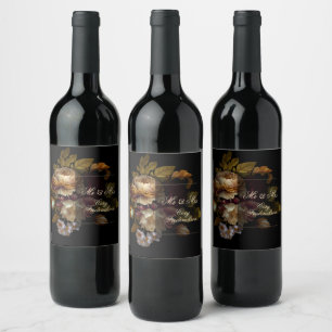 Beautiful Romantic Dark Old World Floral Mr & Mrs Wine Label
