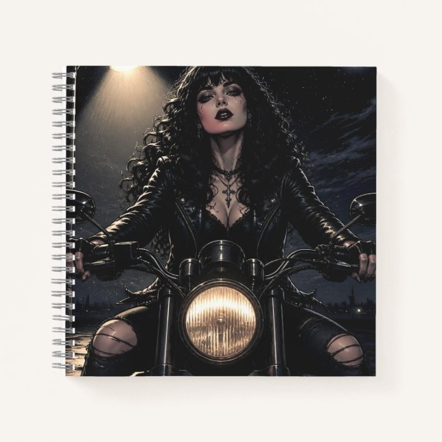 Beautiful Romantic Gothic Woman on Motorcycle  Notebook (Front)