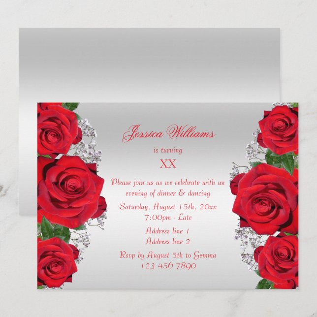 Beautiful Romantic Red Roses Birthday Invitation (Front/Back)