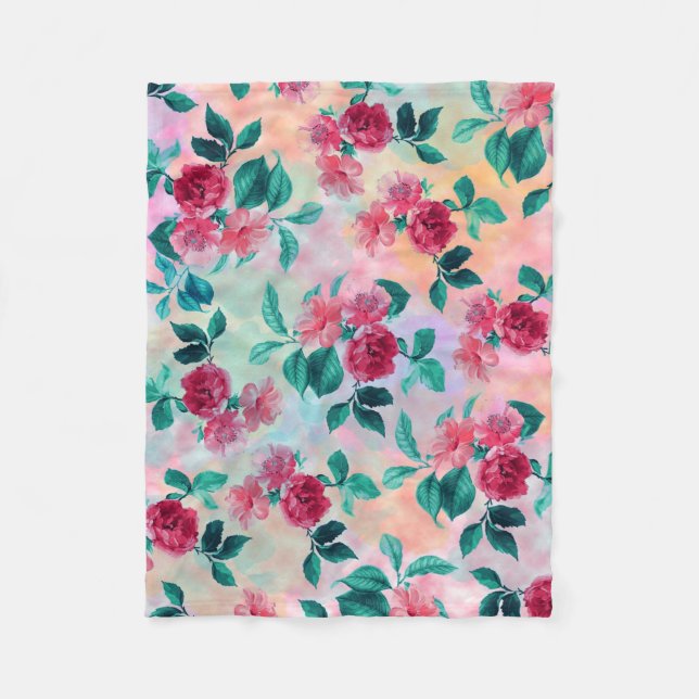 Beautiful romantic watercolor roses floral pattern fleece blanket (Front)