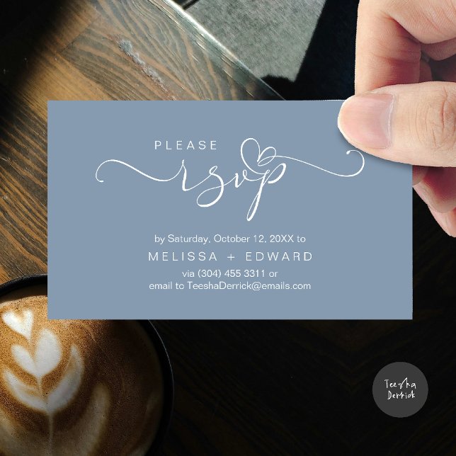 Beautiful Romantic Wedding Invites RSVP Card (Wedding invitation RSVP via Phone or email respond reminder Enclosure Card in aesthetic Dusty Blue)