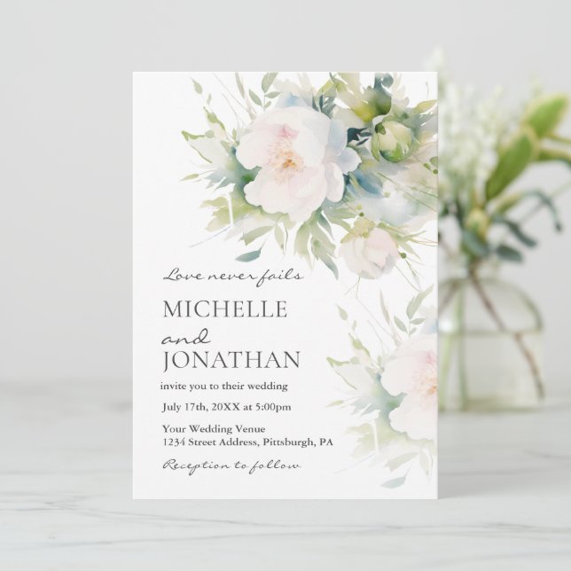 Beautiful Romantic White Floral Christian Wedding Invitation (Standing Front)