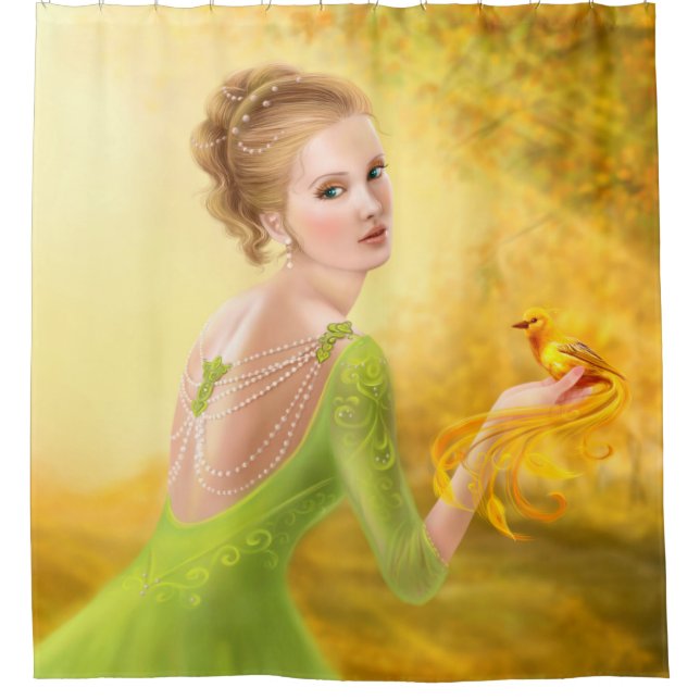 Beautiful romantic woman and fantasy gold bird shower curtain (Front)