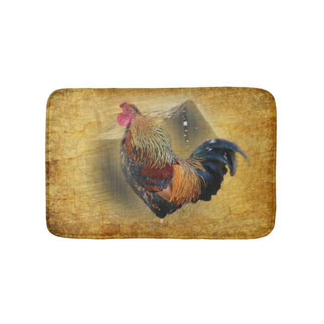 Beautiful Rooster and Rustic Barn Chicken Coop Bath Mat (Front)