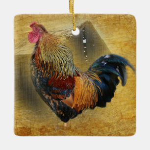 Beautiful Rooster and Rustic Barn Chicken Coop Ceramic Ornament