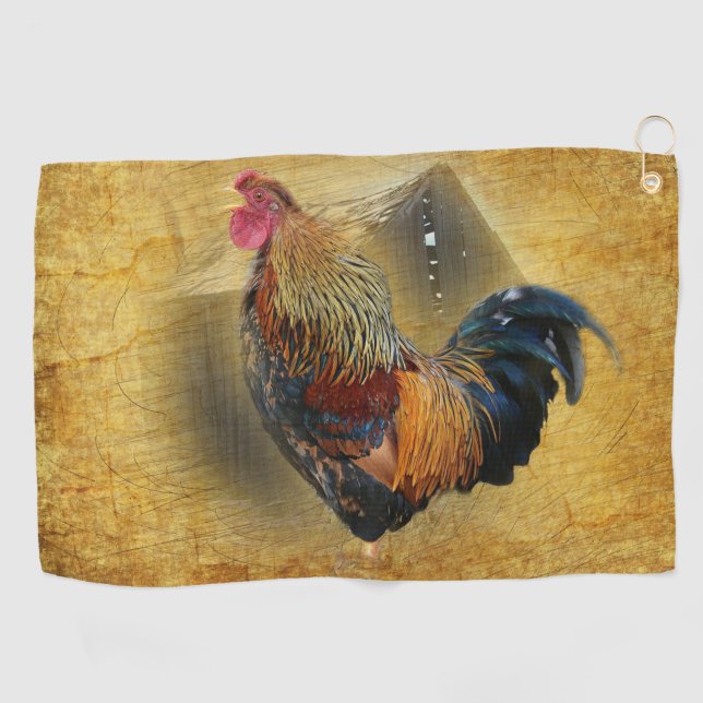 Beautiful Rooster and Rustic Barn Chicken Coop Golf Towel (Horizontal)