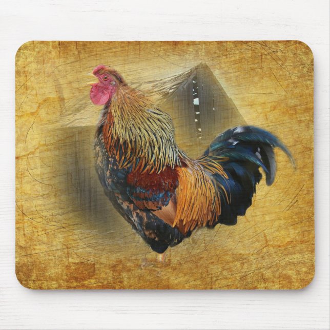 Beautiful Rooster and Rustic Barn Chicken Coop Mouse Mat (Front)